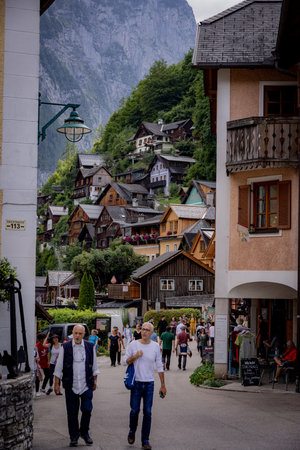 Plenty of tourists visiting Hallstatt all over the year - HALLSTATT, AUSTRIA, EUROPE - JULY 30, 2021のeditorial素材