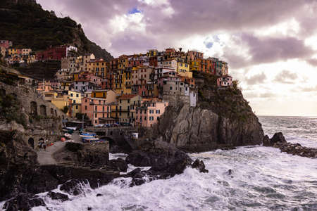 Amazing Village of Manarola in Cinque Terre at the Italian coast - CINQUE TERRE, ITALY - NOVEMBER 28, 2021のeditorial素材