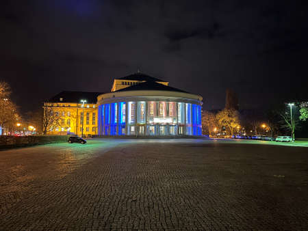 State Theater of Saarburecken by night - SAARBRUECKEN, GERMANY - JANUARY 11, 2022のeditorial素材
