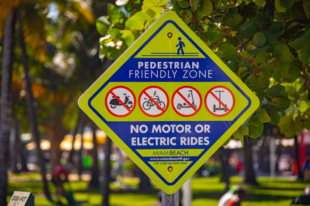 Pedestian Friendly Zone sign at Miami Beach - MIAMI, FLORIDA - FEBRUARY 14, 2022のeditorial素材