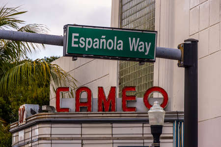 Street Sign Espanola Way in Miami Beach - MIAMI, FLORIDA - FEBRUARY 14, 2022のeditorial素材