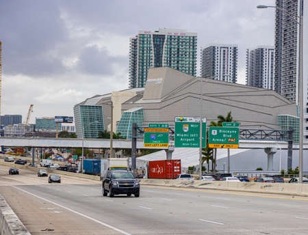 McArthur Causeway to Miami Beach and Adrienne Arsht Center - MIAMI, FLORIDA - FEBRUARY 14, 2022