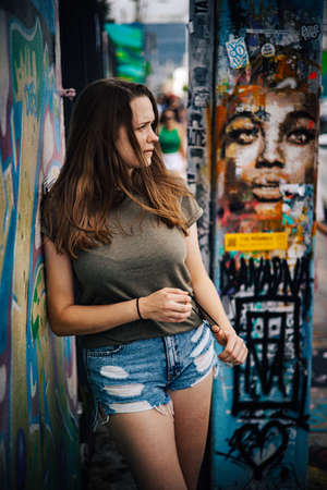 Girl in the fancy streets of Wynwood Miami - MIAMI, FLORIDA - FEBRUARY 14, 2022のeditorial素材