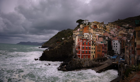 Colorful houses of Riomaggiore at the Italian west coast - Cinque Terre - CINQUE TERRE, ITALY - NOVEMBER 28, 2021のeditorial素材