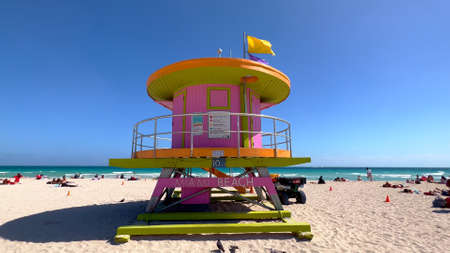 Typical colorful Lifeguard houses at Miami Beach - MIAMI, UNITED STATES - FEBRUARY 20, 2022のeditorial素材