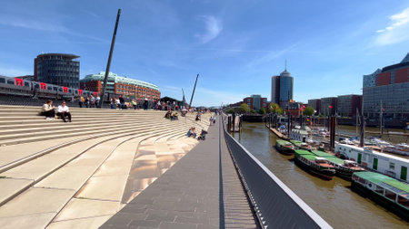 Elbe riverside at Hamburg harbour - HAMBURG, GERMANY - MAY 16, 2022のeditorial素材