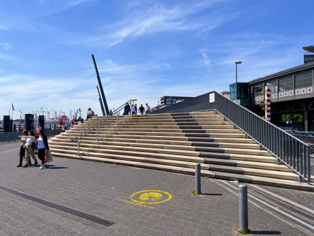 Elbe riverside at Hamburg harbour - HAMBURG, GERMANY - MAY 16, 2022のeditorial素材