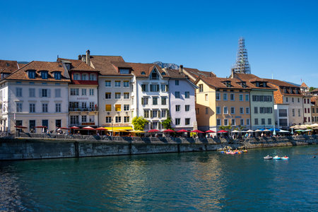 The beautiful Riverside of River Aare in Solothurn - SOLOTHURN, SWITZERLAND - JULY 14, 2022のeditorial素材
