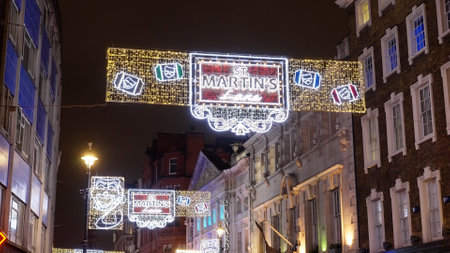 St Martins Lane in London at Christmas time - LONDON, UK - DECEMBER 20, 2022のeditorial素材