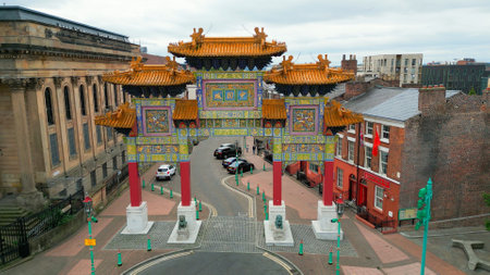 Chinese Gate in the city of Liverpool - aerial view - LIVERPOOL, UK - AUGUST 16, 2022のeditorial素材