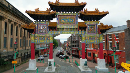 Flight through the Chinese Gate in the city of Liverpool - LIVERPOOL, UK - AUGUST 16, 2022のeditorial素材