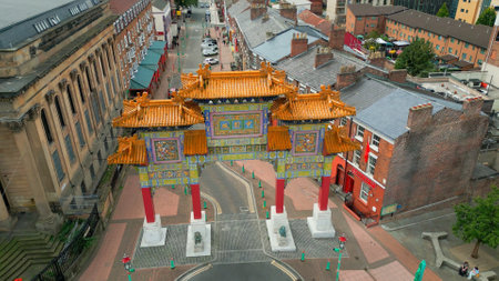 Chinese Gate in the city of Liverpool - aerial view - LIVERPOOL, UK - AUGUST 16, 2022のeditorial素材