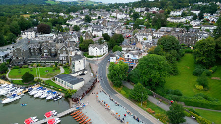 Aerial view over the village of Windermere in the Lake District - WINDERMERE, UK - AUGUST 17, 2022のeditorial素材