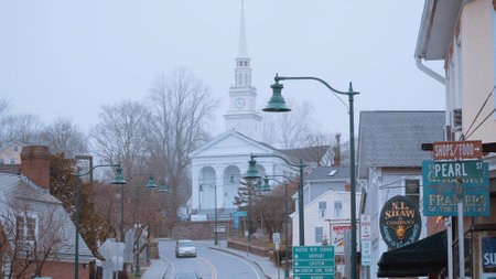 Church on the hill of Mystic - MYSTIC, UNITED STATES - APRIL 5, 2017のeditorial素材