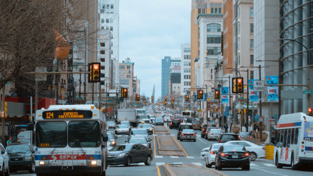 Benjamin Franklin Parkway in the city of Philadelphia - PHILADELPHIA, USA - APRIL 6, 2017のeditorial素材