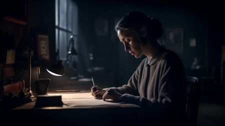 Young woman sits at her desk and writes a letter - dark moody scene - made with Generative AIの素材