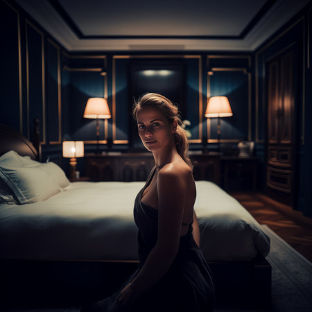 Young elegant woman in a luxury bedroom - made with Generative AIの素材