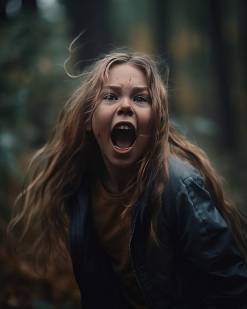 Frightened girl stands in the forest and screams - made with Generative AIの素材