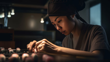 Asian cook prepares Sushi in a Japanese Restaurant - made with Generative AIの素材