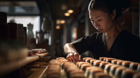 Young Asian woman prepares Sushi at a Japanese restaurant - made with Generative AIの素材