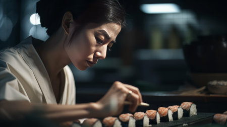 Asian cook prepares Sushi in a Japanese Restaurant - made with Generative AIの素材
