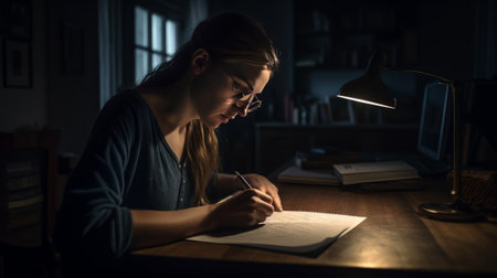 Young woman sits at her desk and writes a letter - dark moody scene - made with Generative AIの素材