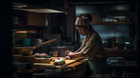 Asian cook preparing sushi in an Japanese restaurant - made with Generative AIの素材