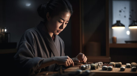 Asian cook prepares Sushi in a Japanese Restaurant - made with Generative AIの素材