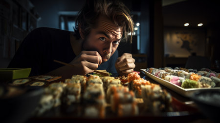 Caricature of a man in front of a big platter with sushi - made with Generative AIの素材