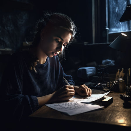 Young woman sits at her desk and writes a letter - dark moody scene - made with Generative AIの素材
