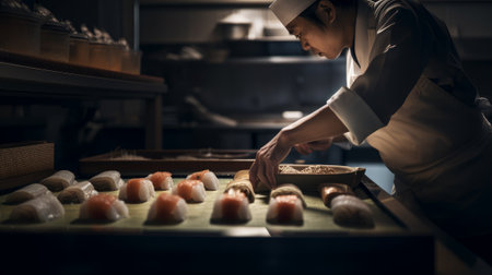 Asian cook preparing sushi in an Japanese restaurant - made with Generative AIの素材
