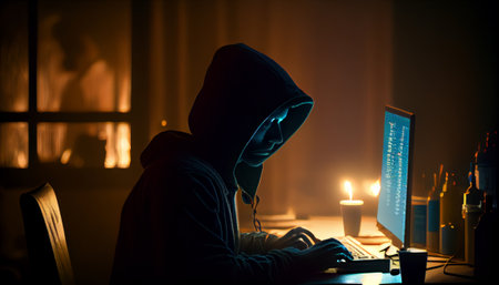 Hacker sitting at a computer browsing in darknet - made with generative AIの素材