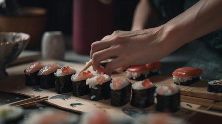 Preparing Sushi in a Japanese restaurant - made with Generative AIの素材