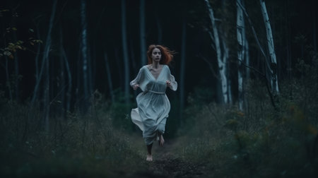 Young anxious woman runs through the forest in panic - made with Generative AIの素材