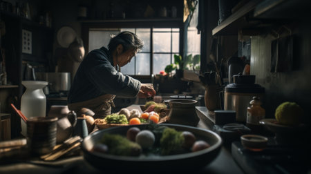 Asian cook preparing sushi in an Japanese restaurant - made with Generative AIの素材