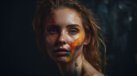 Young and sexy woman covered wiith paint - made with Generative AIの素材