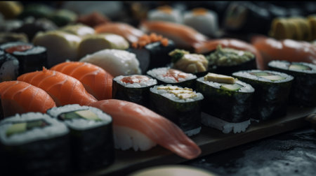 Close up shot of a variety of Sushi - made with Generative AIの素材