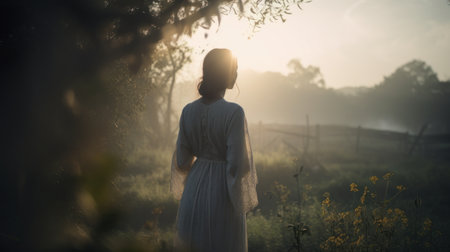 Beautiful picture of a woman in the nature on a sunny day - very poetic image - made with Generative AIの素材
