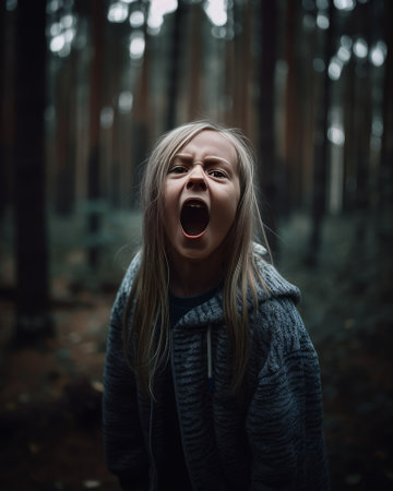 Frightened girl stands in the forest and screams - made with Generative AIの素材
