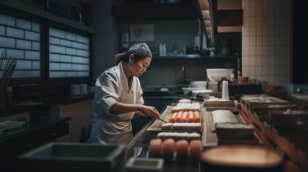 Asian cook preparing sushi in an Japanese restaurant - made with Generative AIの素材