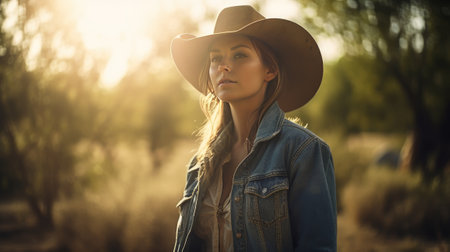 Portrait of a beautiful young woman on a farm - western style - made with Generative AIの素材