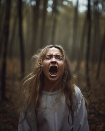 Frightened girl stands in the forest and screams - made with Generative AIの素材