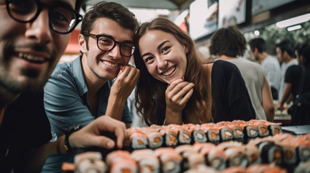 Sushi lovers - people in a Japanese restaurant eating Sushi - made with Generative AIの素材