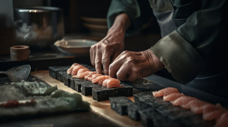 Preparing Sushi in a Japanese restaurant - made with Generative AIの素材