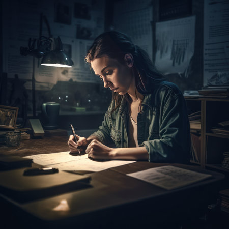 Young woman sits at her desk and writes a letter - dark moody scene - made with Generative AIの素材