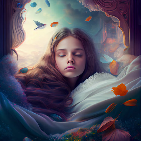 Illustration of a cute sleeping girl in dreams - made with generative AIの素材