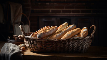 A basket of French baquette on a table - atmospheric rustic scene - made with Generative AIの素材