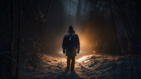 Man walks through the snow in the forest by night - made with Generative AIの素材