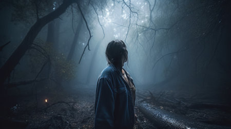 Young woman in a misty forest - scary scene - made with Generative AIの素材