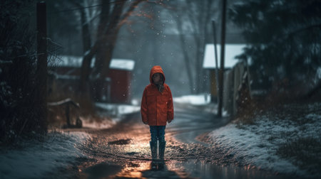 Young girl in a red raincoat walks alone through the street - made with Generative AIの素材
